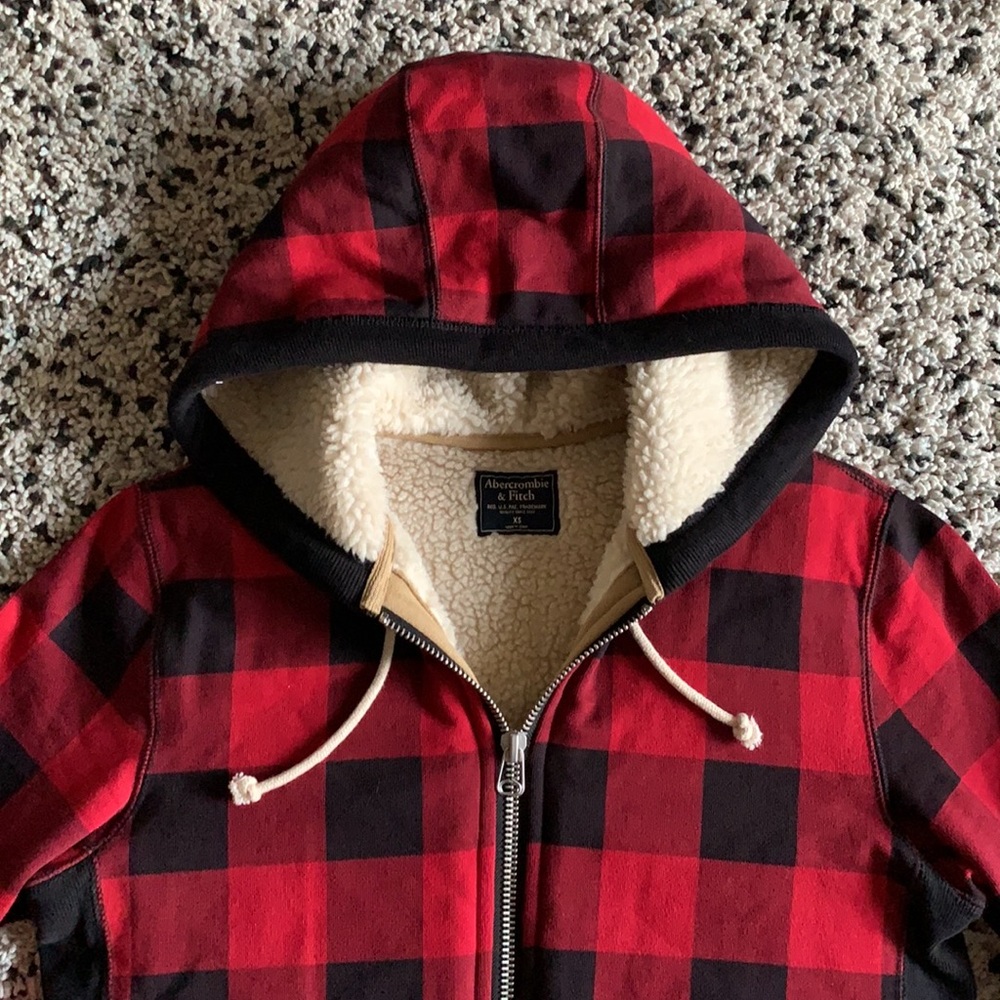 Abercrombie & Fitch Men’s Sherpa Full Zip Red Black Buffalo Plaid Hoodie Size XS - Picture 6 of 9